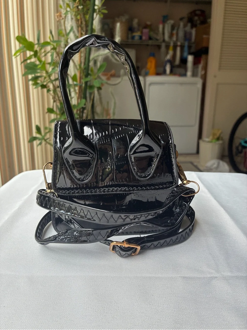 Black Patent Crocodile Embossed Mini Bag | Convertible Top Handle Crossbody - Picture 13 of 13